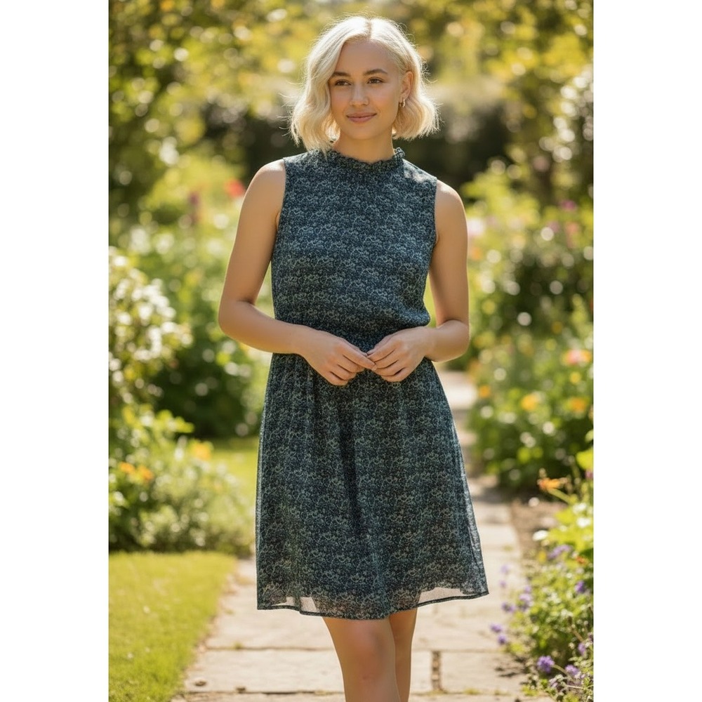 Xhilaration Blue Floral Sleeveless Ruffle Neck Lined Dress Size M Keyhole Back